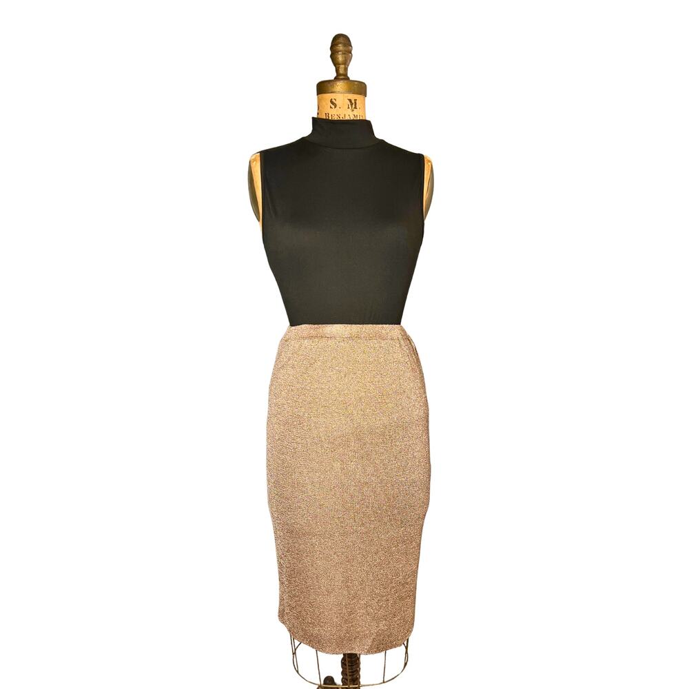 Vintage Rodier Gold Metallic Stretch Knit Skirt XS/S 70s 80s Holiday Shimmer